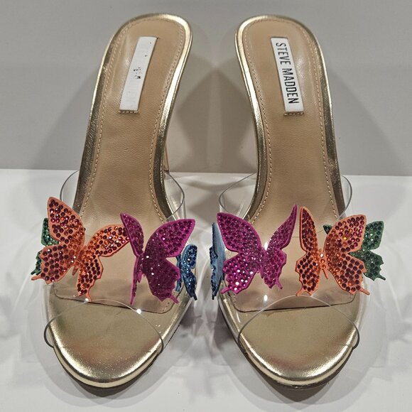 Steve Madden PRISMATIC Butterfly PVC Clear Heels Gold 8.5M - Picture 1 of 9